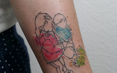 sketch tattoo, watercolor tattoo, bunt, Arm, Kinder, Blumen gießen