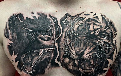 Brusttattoo, Realistic, Gorilla, Tiger, brüllend, Black & Grey