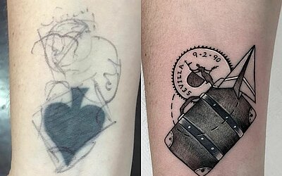 A cover-up tattoo with a suitcase