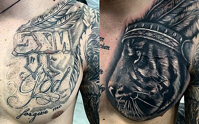 A cover-up tattoo on the left shoulder