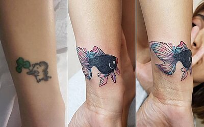 Ein Fisch als Cover-up Tattoo am Handgelenk