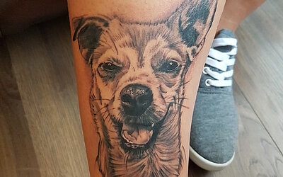 Hunde Portrait als Tattoo auf dem dem Schienbein 