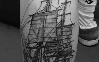 Realistic Tattoo, Wade, Schiff, schwarz weiß