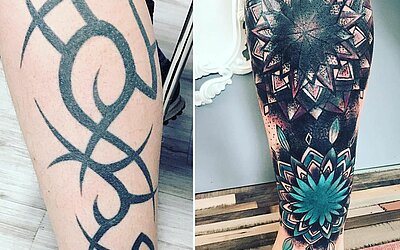 Ein Tribal Tattoo auf dem linken Bein wird gecovert